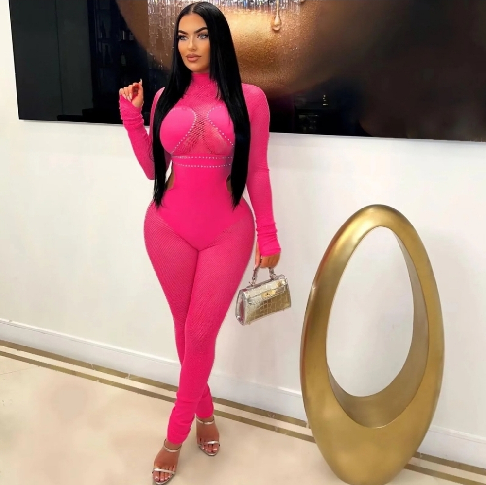 Long Sleeve Hot Pink Jumpsuit with Rhinestone Detail